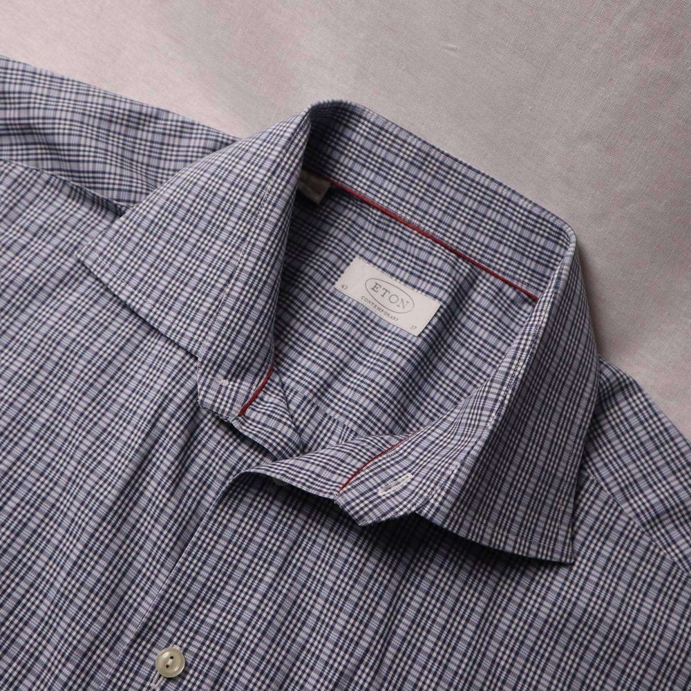 Eton Contemporary Fit Plaid Dress Shirt Blue White Men's Size 17 43